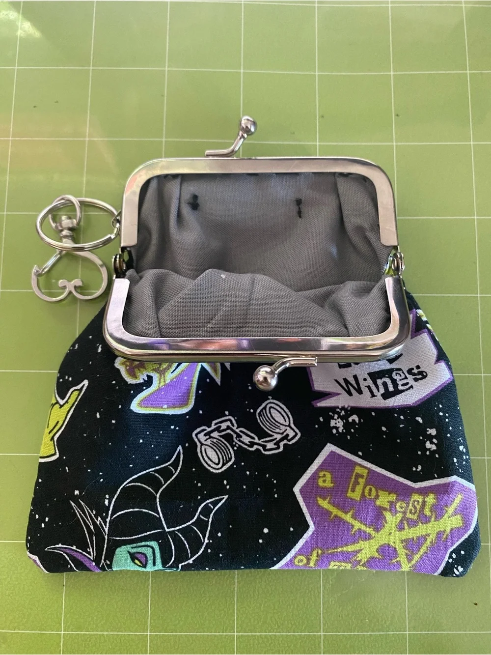 Handmade Disney Maleficent Black Coin Purse with Purple & Green Motifs